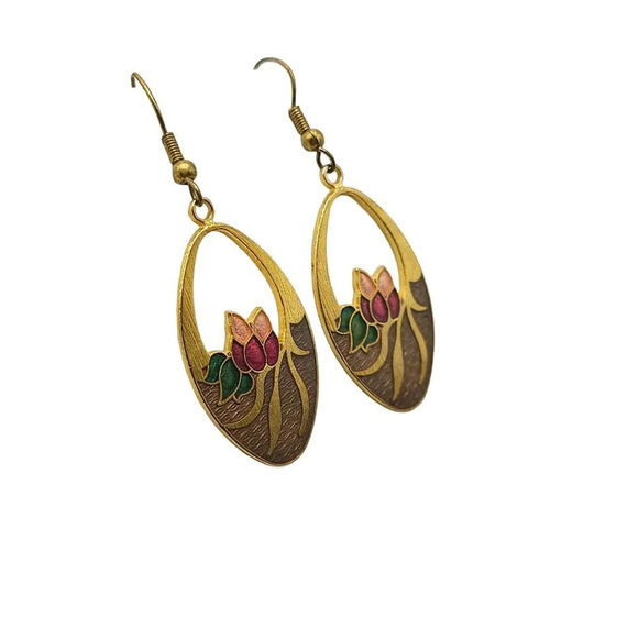Multicolor Enamel Floral Cloisonné Dangle Drop Earrings Gold Tone Vintage - Picture 2 of 5